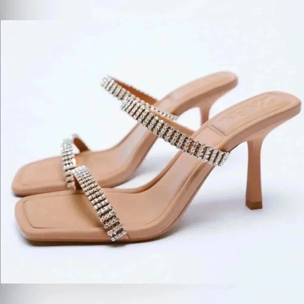 NWT Zara Rhinestone Strap Heeled Leather Sandals size 37 6.5 US